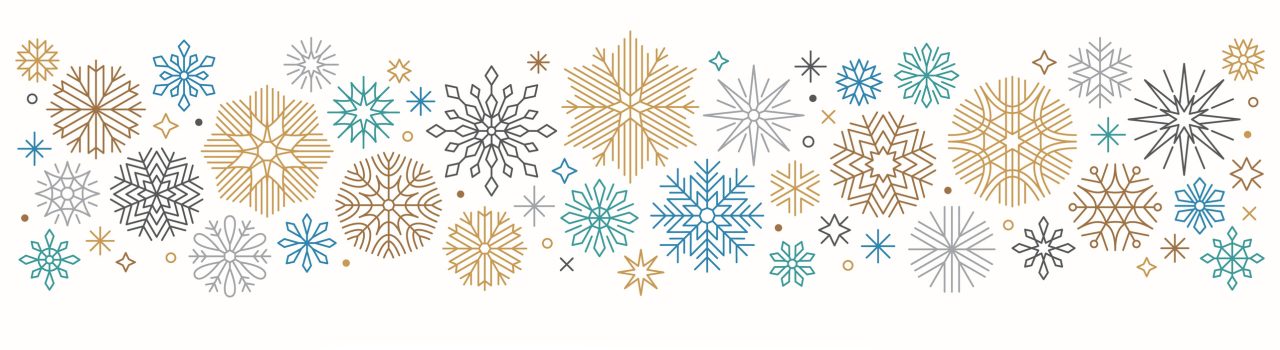 Christmas, Holiday border with snowflakes and greetings. Line art abstract snowflakes.